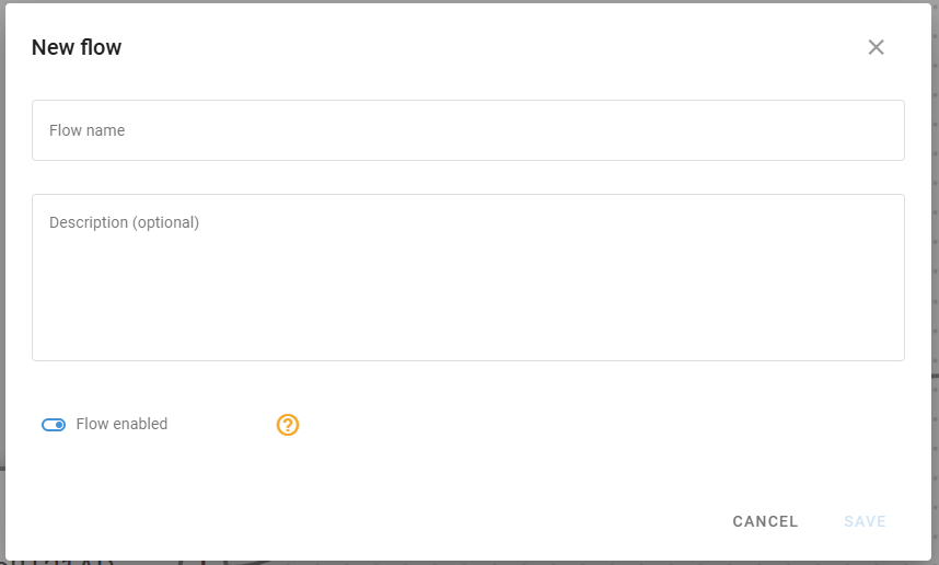 Create flow dialog showing name field, description field, and enabled toggle