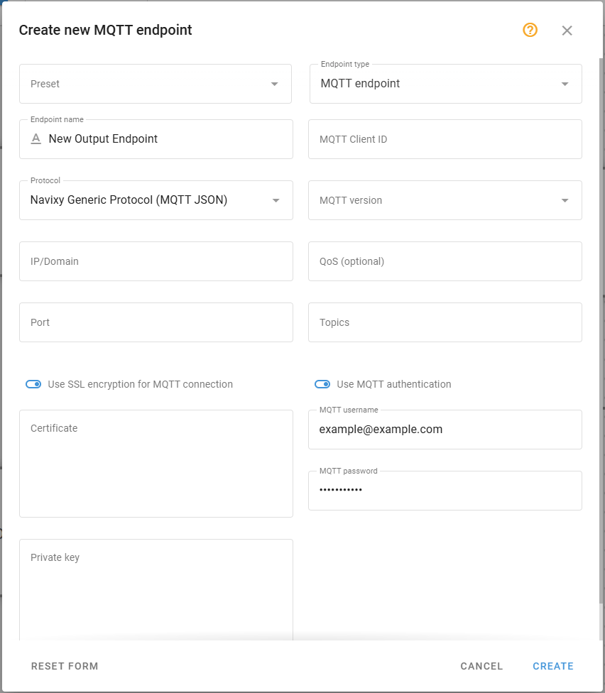 Output Endpoint node configuration panel showing connection settings and MQTT parameters