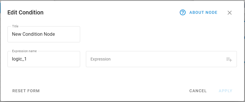 Panel de configuración del nodo Logic que muestra los campos de título, nombre de expresión y expresión