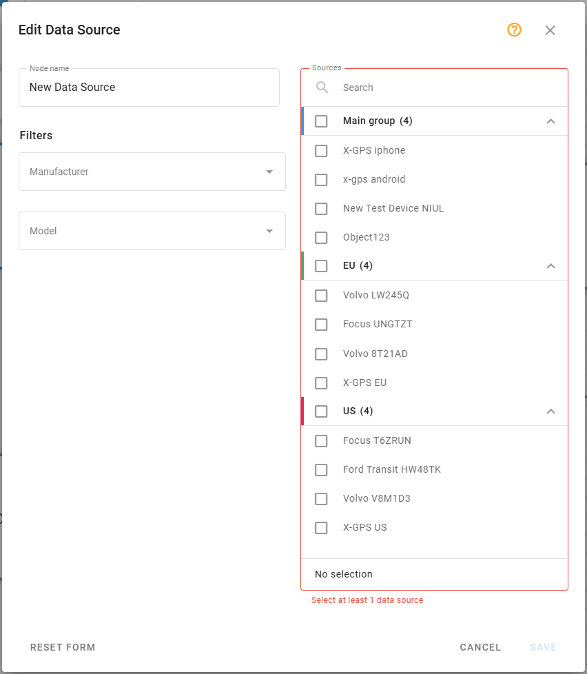 Data Source node configuration panel showing manufacturer, model, and device selection options