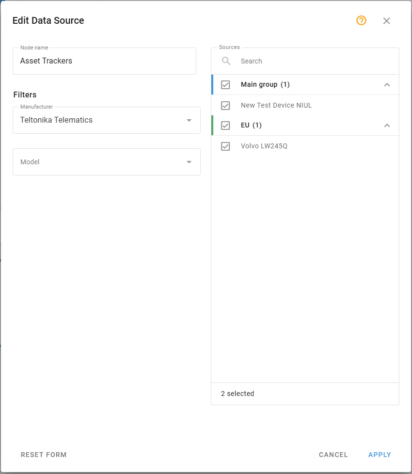 Data source node configuration with selected devices