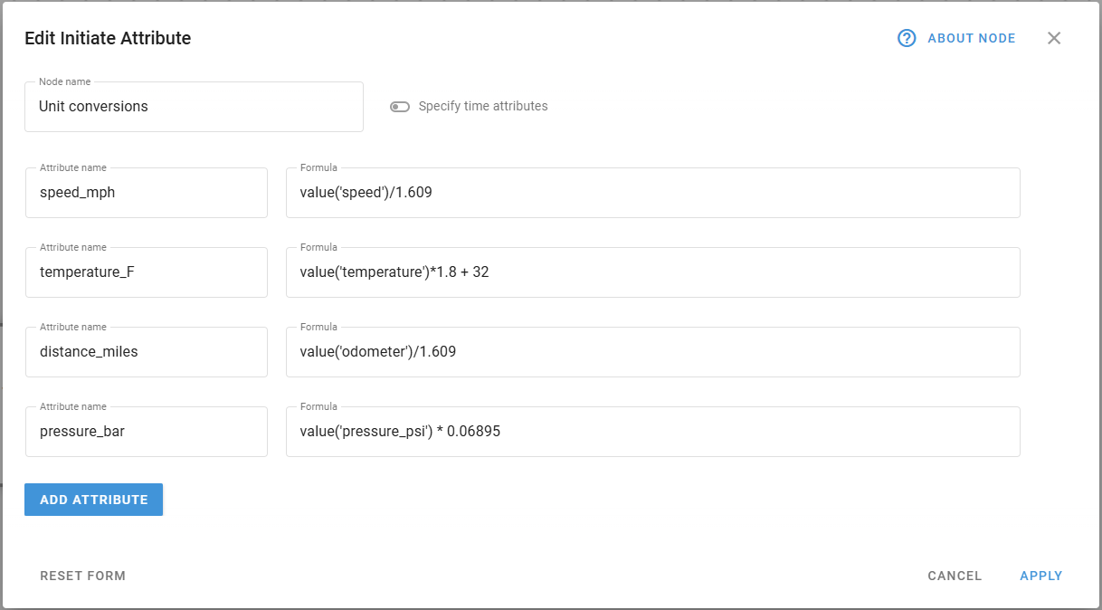 First Initiate attribute node showing the unit conversion attributes