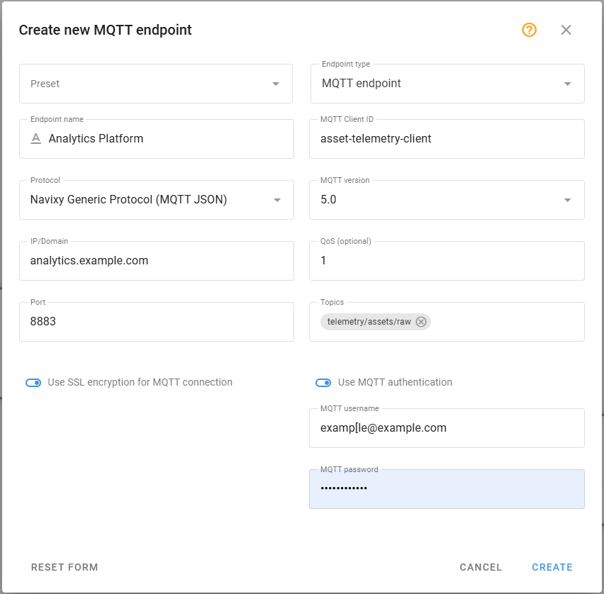 Output endpoint node configuration with filled-in connection settings